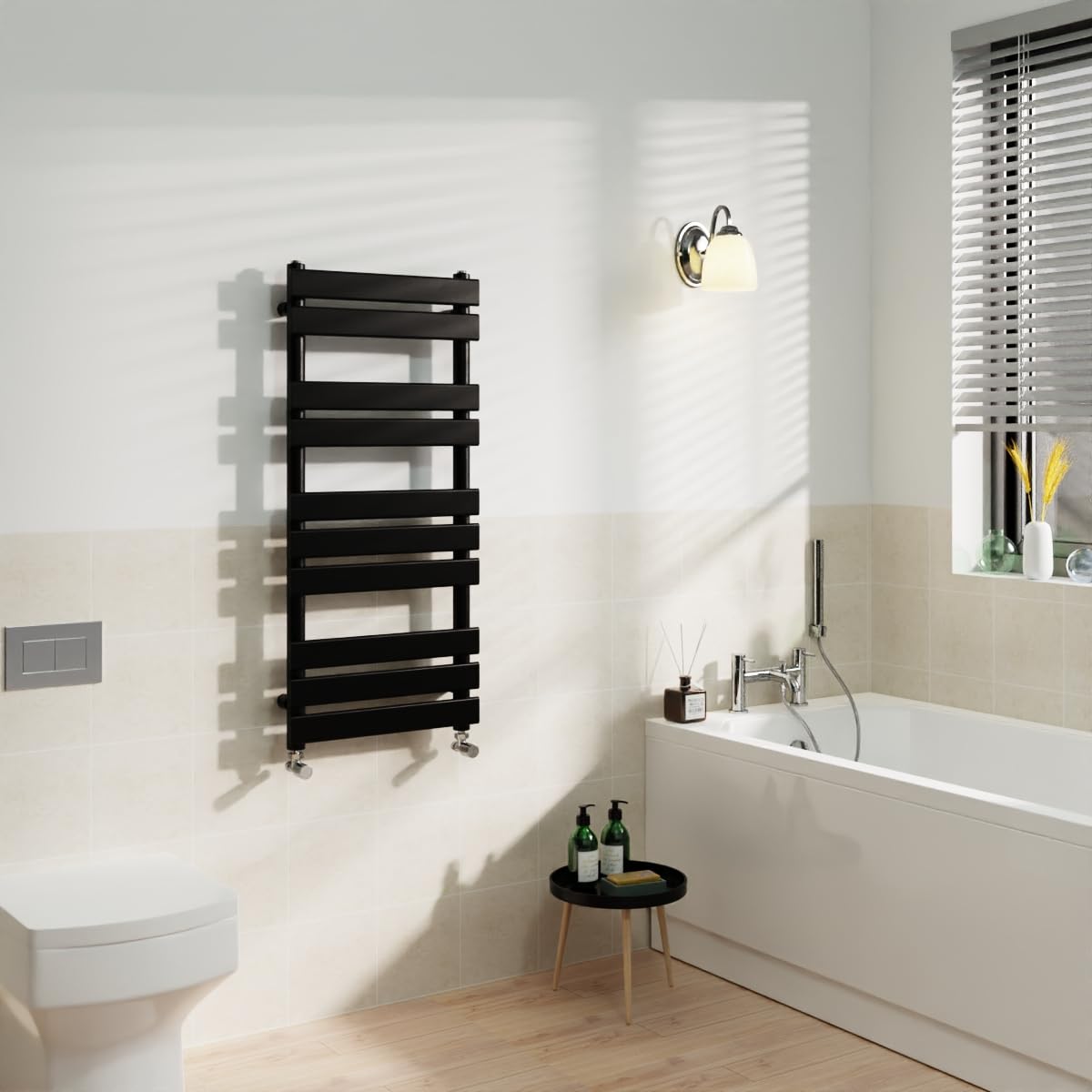 Warmehaus Black Flat Panel Heated Towel Rail Radiator Ladder Rad Central Heating Towel Warmer for Bathroom Kitchen 1000x450mm