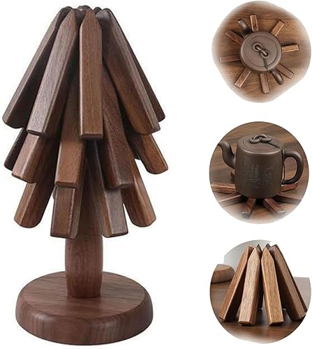 Juego de salvamanteles de madera para platos calientes, juego de salvamanteles con forma de árbol de nogal negro, juego de 3 alfombrillas plegables
