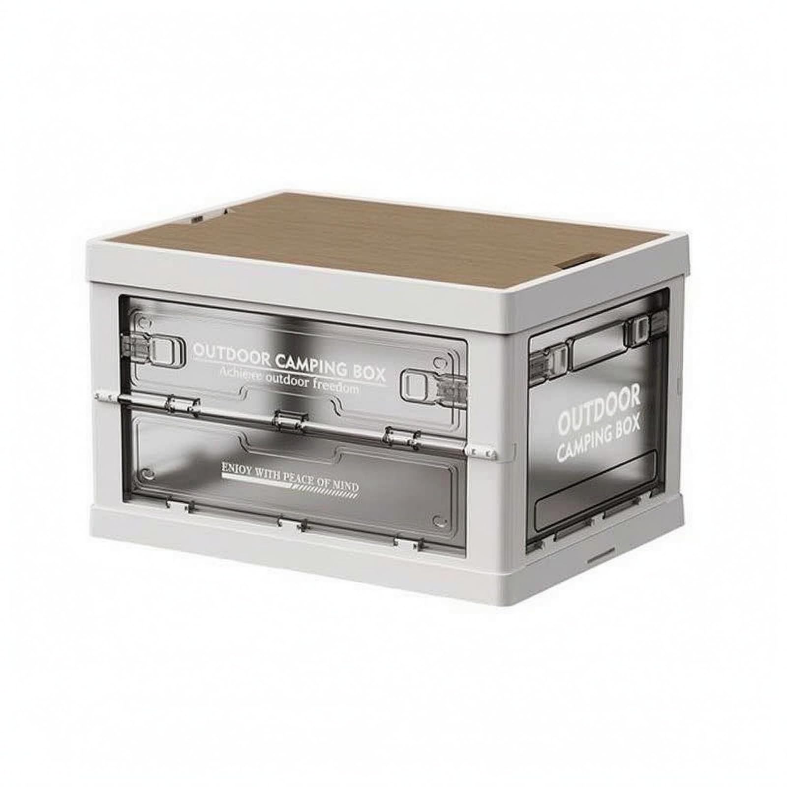 Outdoor Aufbewahrungsbox Faltbox Klappkiste Stapelbox Kiste mit Fünf Seitlichen Zugängen Und Sicherem Riegelverschluss aus PP Holzplatte für Camping, Transparent Weiß