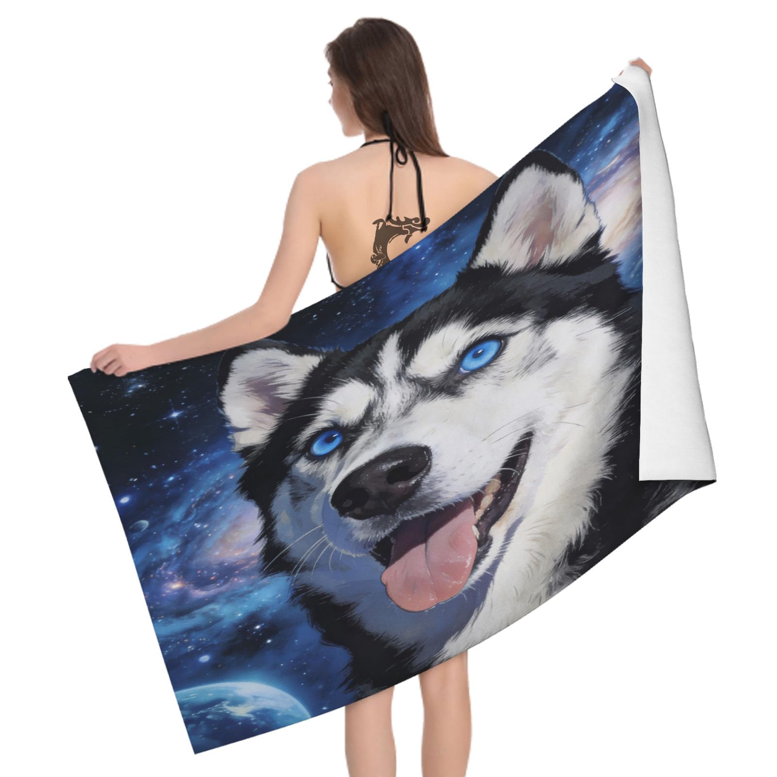Leichong 3D Siberian Husky Beach Towel Large Microfiber Soft Quick Dry for Adults, Dog Bath Towel Lightweight Soft Absorbent for Travel Swimming Pool Sports, 180 x 90 cm