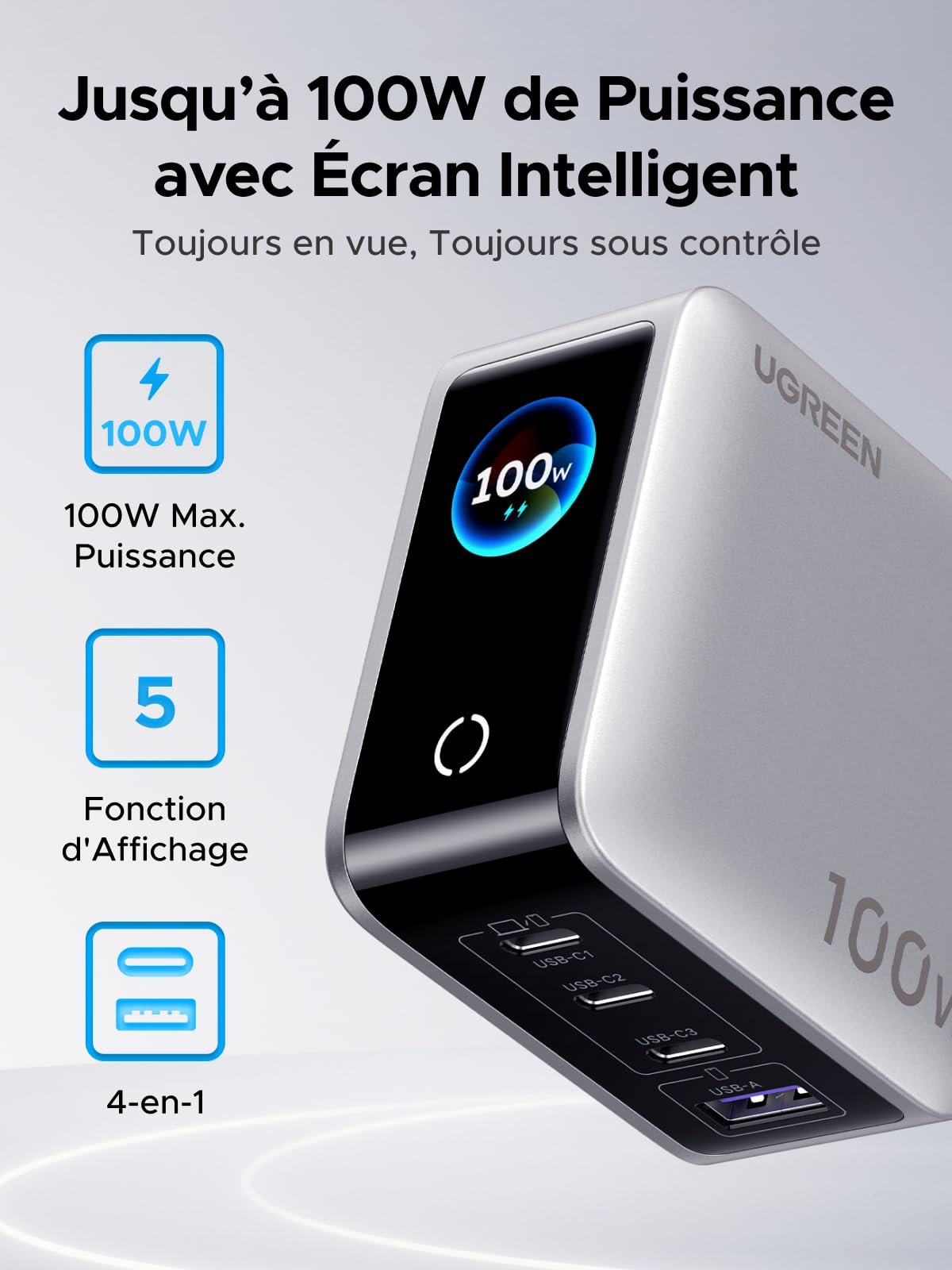 UGREEN Nexode Pro 100W Chargeur Rapide USB C 4 Ports avec Écran Intelligent