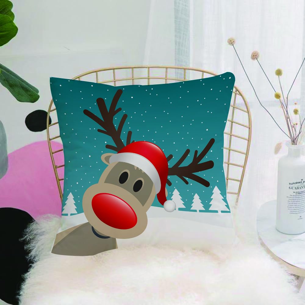 HYMSXW Cushion Cover,Throw Pillow Case Home Decorative for Living Room Bedroom Sofa Chair 20X20 Inch,Christmas decoration, cartoon reindeer Rudolph, iconic red nose, wearing santa,Pillowcase 50X50cm