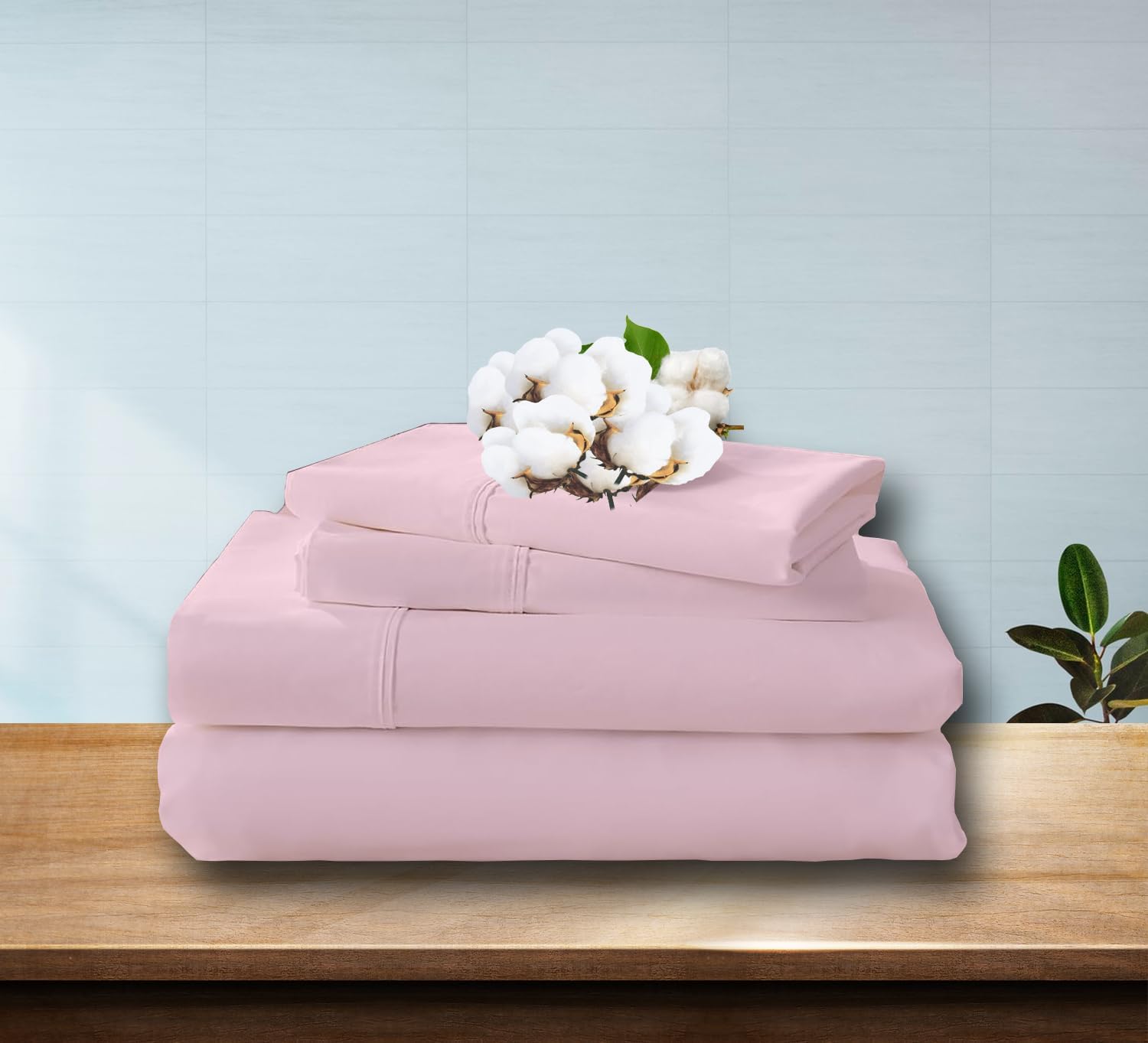 Hotel Quality 600 TC Natural Cotton Expanded/Olympic Queen Size 4-Pcs Bed Sheet Set Elastic All Around - Fits Mattress Upto 16 Inch Deep Pocket Easy Fit, Baby Pink Solid