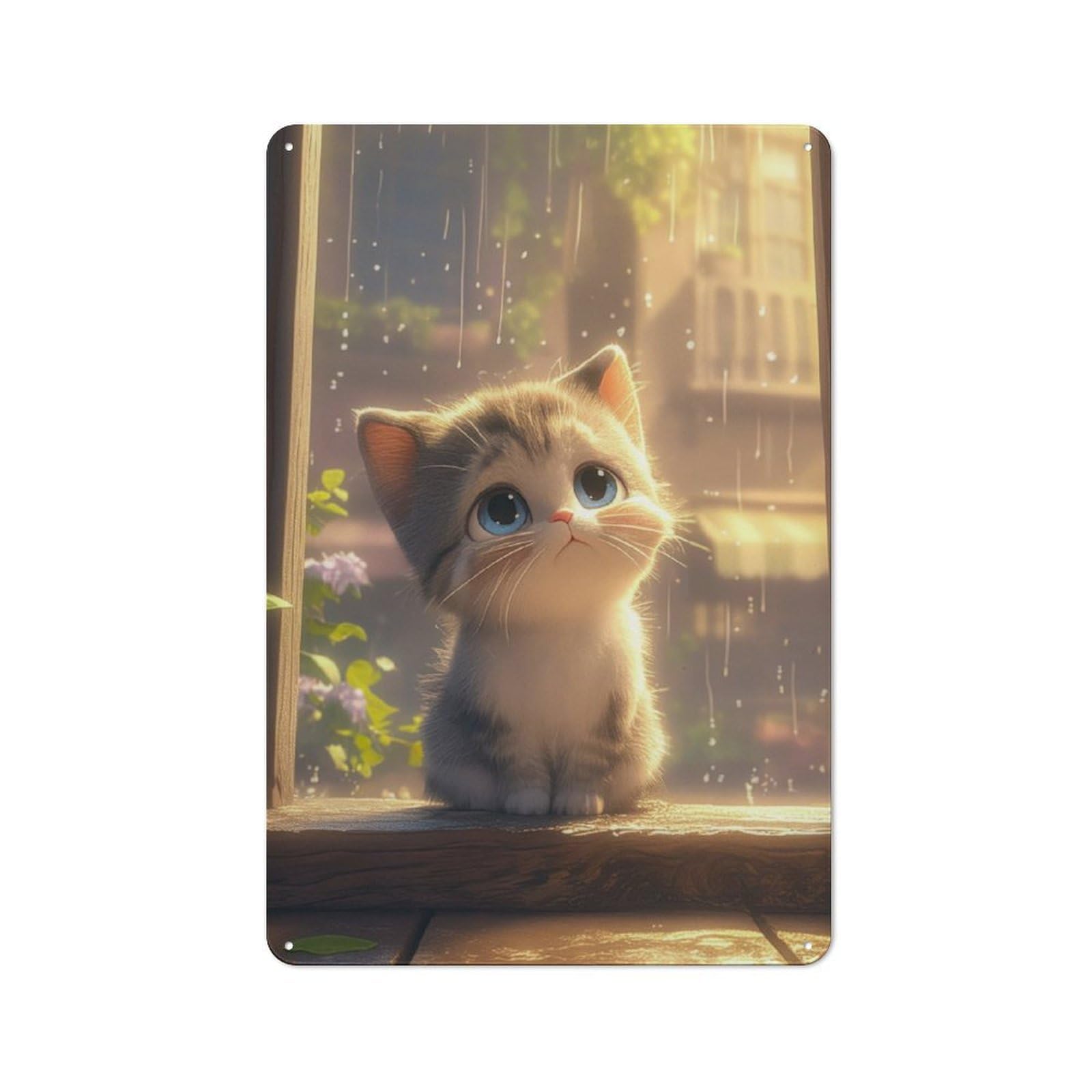 Junmoney Cute Anime Kitten In Rain Vintage Tin Sign 30X20cm With For Dining Room Or Kitchen, For Vintage Wall Decor Fans, For Metal Sign Collectors