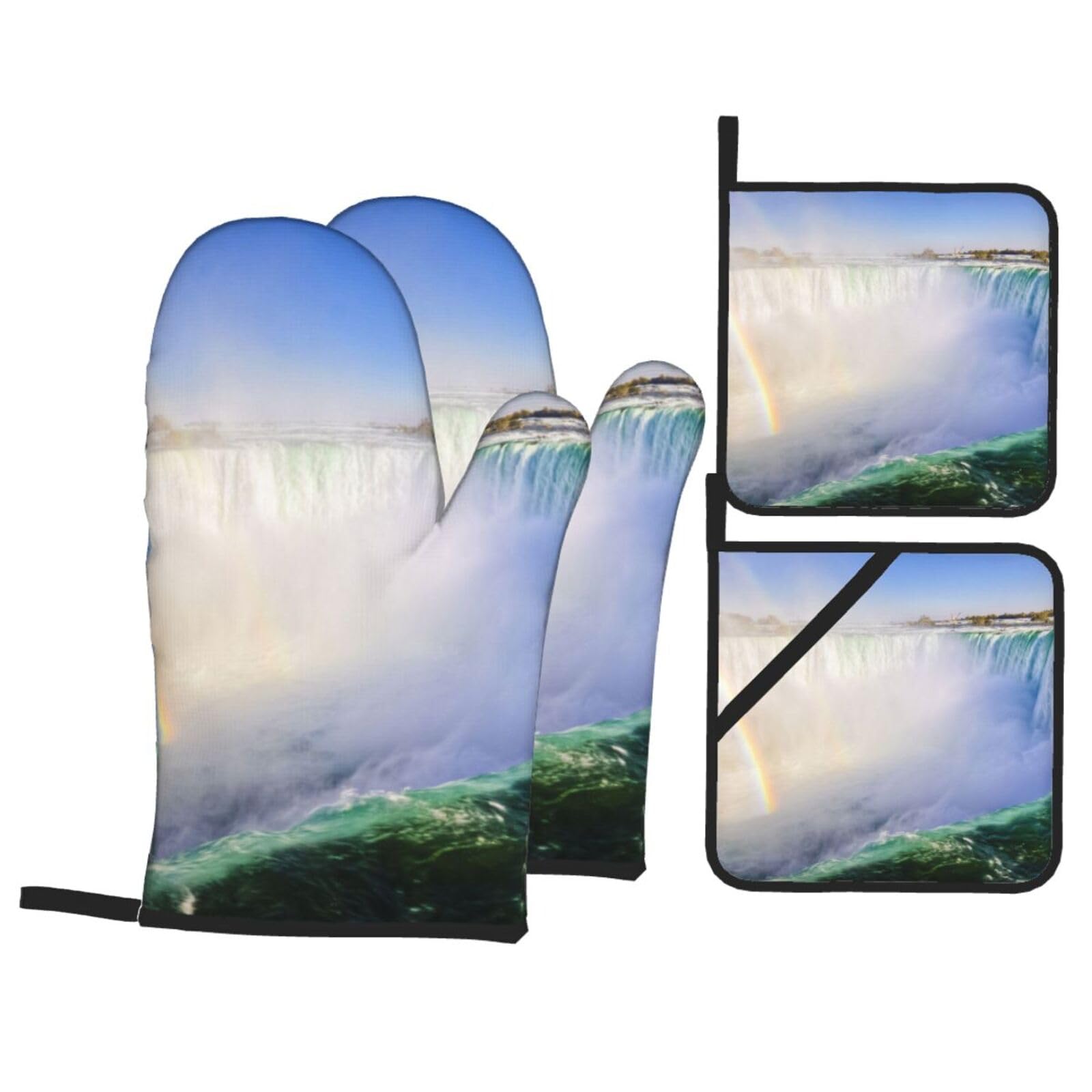 Waterfall And Rainbow Print Stylish Heat-Resistant Oven 4-Piece Set Kitchen Gloves Roasting Daily Cooking