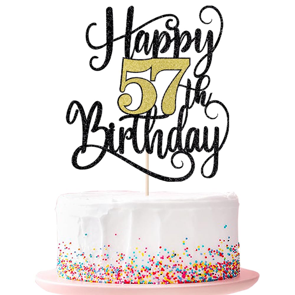 happy 57th birthday cake topperοΌ 57 birthday party cake decorations (Black and gold flashes, 57th)