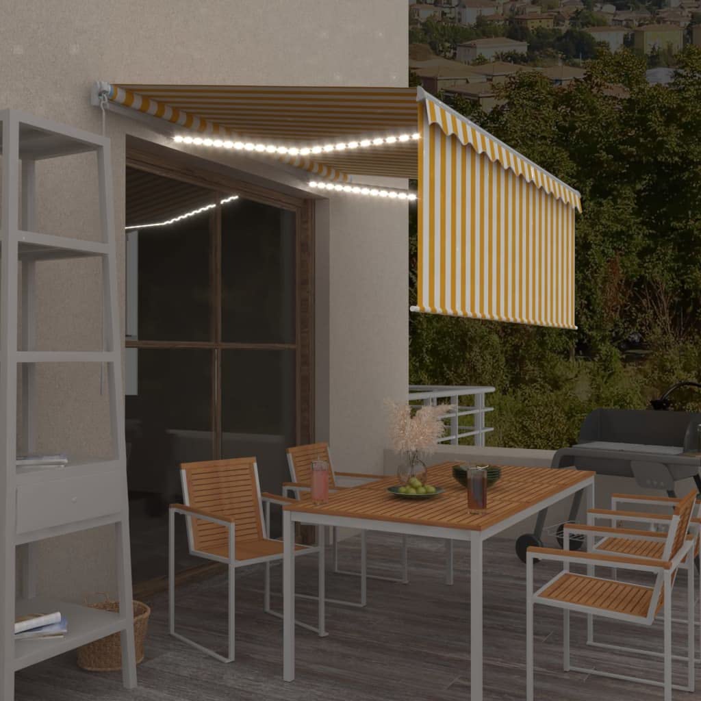 Tenda da sole retrattile manuale, 3 x 2,5 m, giallo/bianco, con tenda avvolgibile, illuminazione a LED, protezione UV, per terrazza, balcone, giardino, telaio in alluminio verniciato a polvere