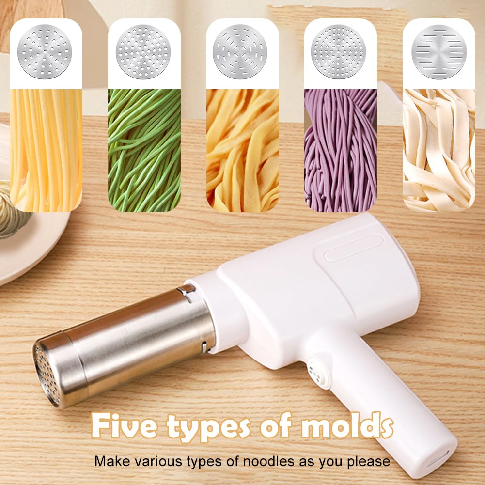 Elektrische Nudelmaschine, Kabelloser Automatischer Pasta Maker mit 5 Formen & 2000mAh, Edelstahl Spaghettieispresse