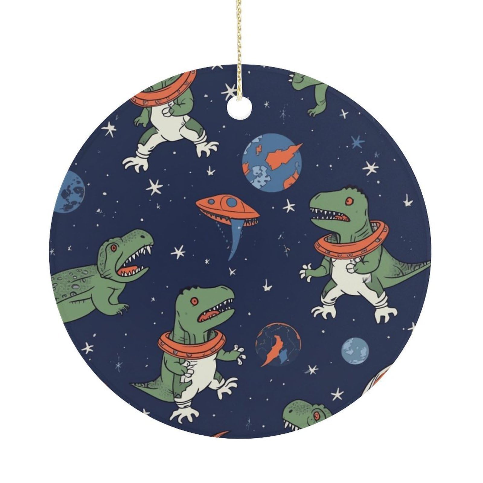 Funny Astronaut Dinosaur Rocket Christmas Ornament,Round Ceramic Ornaments Personalized Christmas Tree Ornament for Holiday Porcelain Keepsake Gifts Ideas Home Decor