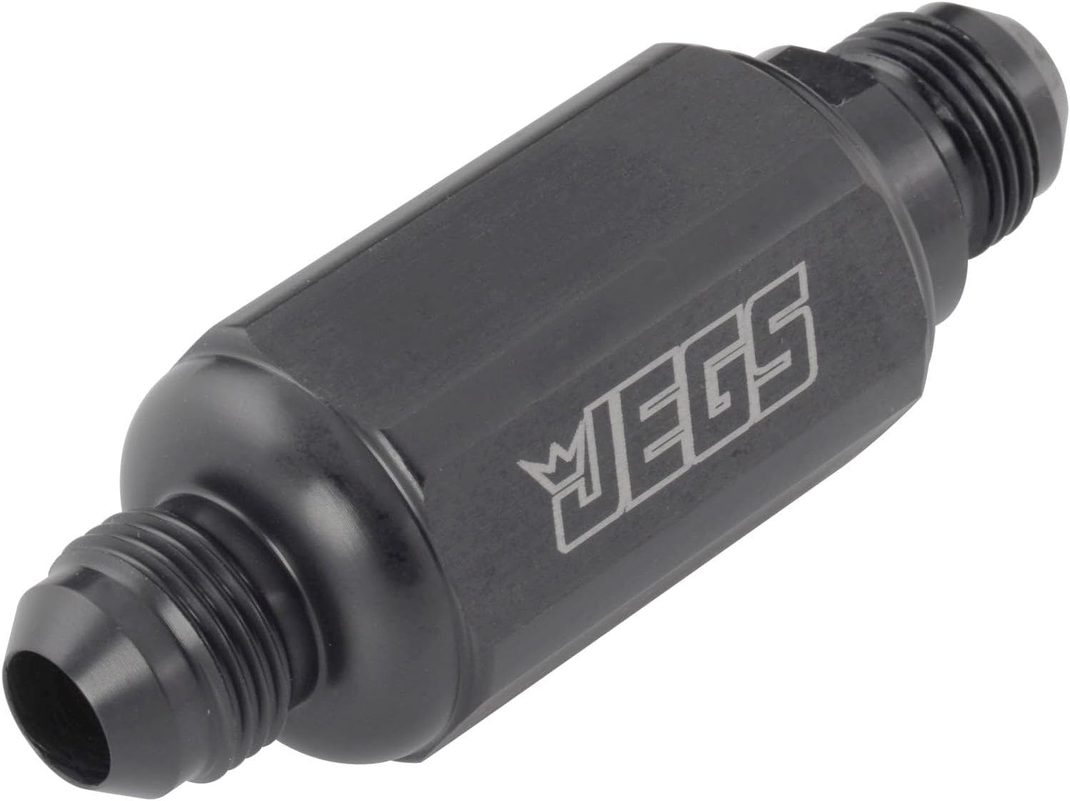 JEGS Compact Billet In-Line Fuel Filter | -8 AN Male/Male Fittings | Black | Length 2-5/16in.| Compatible With Gas Or Alcohol | 40 Micron | Flows Up To 130 GPH @ 75 PSI | Made In USA