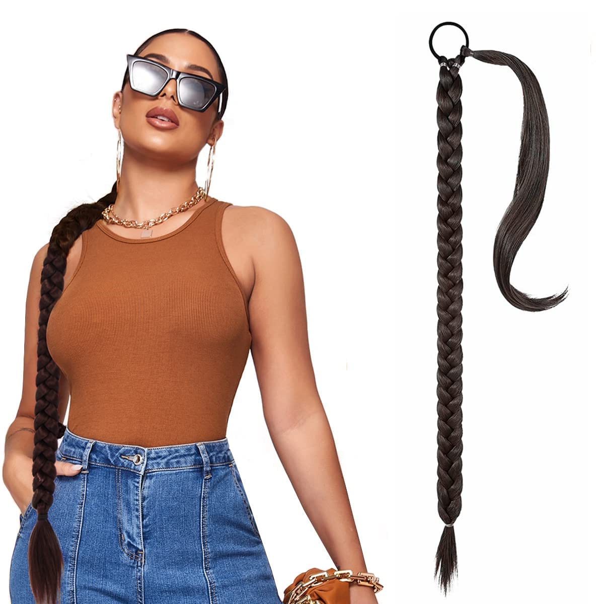 NASHRIO Braiding Hair Extensions with Head Rope,DIY Braid Ponytail Extension, Long Straight Wrap Around Ponytail Hair Extensions Soft Synthetic Hairpieces Braids Hair Wig Braid for Girls Women,80cm