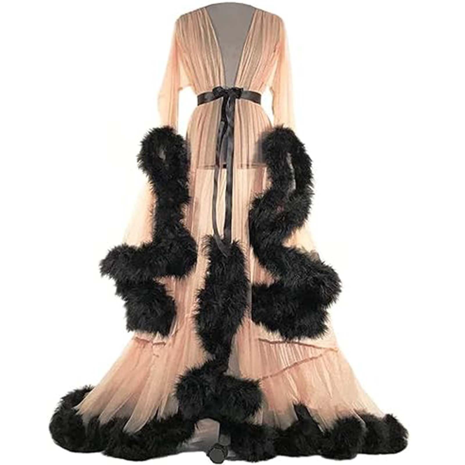 MHNFGDSE Women's Sexy Lingerie Tulle Nightgown Bathrobe Flared Sleeves Nightwear Feather Robe Party Nightwear Kimono Sexy Illusion Christmas Lingerie, C, One Size