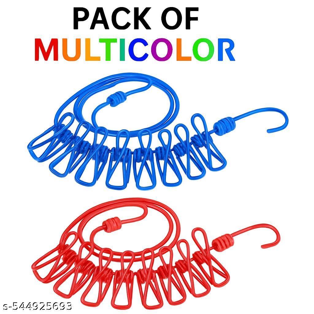 Cloth Drying Rope Wire with Pulley, Elastic Clothes Hanging Rope Indoor Clothes Drying Line for Travel, Home & Outdoor Drying with Hook, Kapde Sukhane Ki Rassi with 12 Clips (Multi, 2 Pc)-image-30