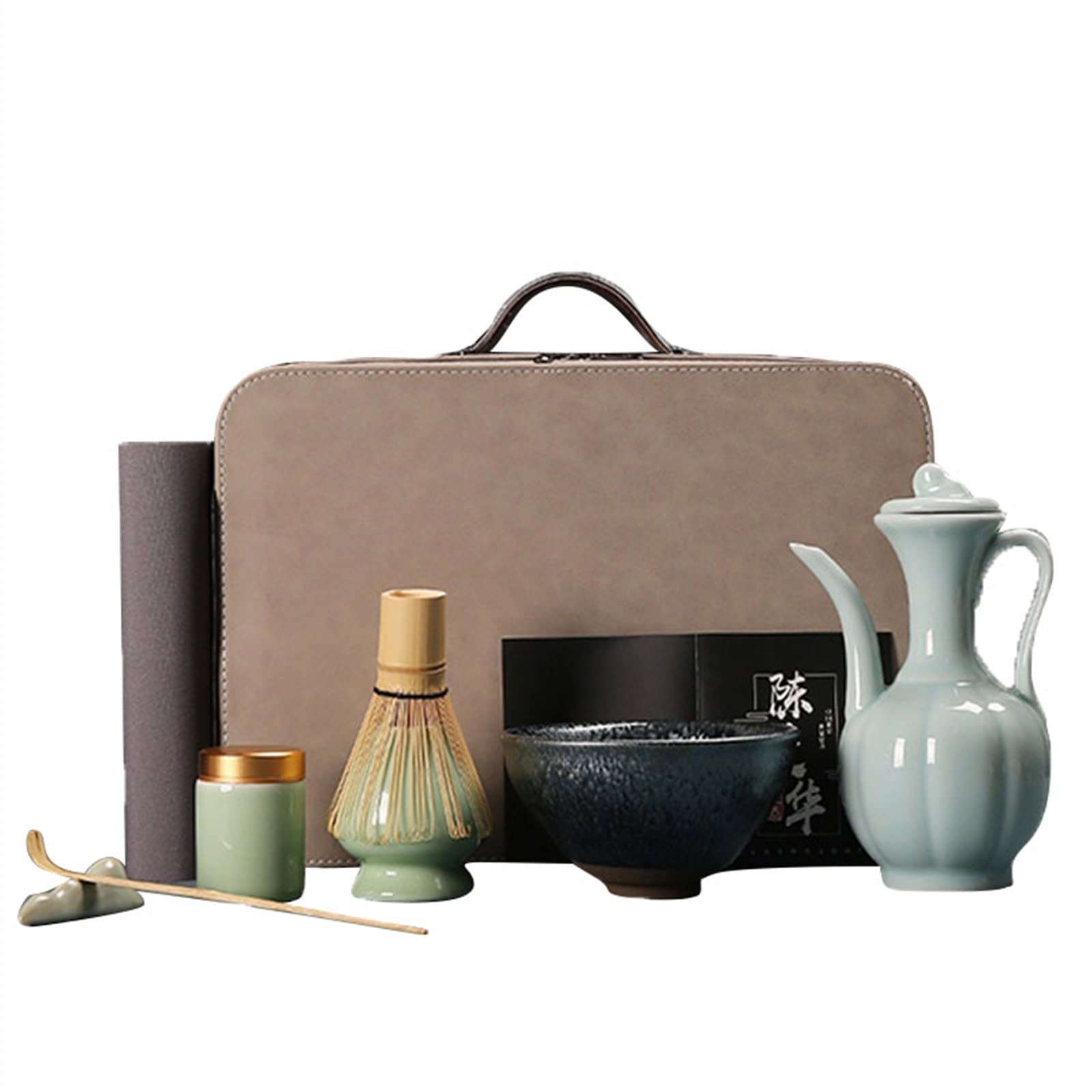 Dinastía Song Kit para Matcha Juego de 7 Piezas Cerámica Tetera de Mano Cuenco con Té en Polvo Tradicional Batidor Te Matcha Bambú Caja de Regalo para Ancianos(D-model)