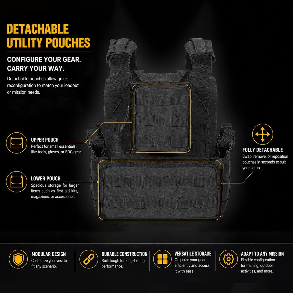 Chaleco Táctico Hombre Mujer Sistema MOLLE,Chaleco Portaplacas Liberación Rápida Ajustable Transpirable Nylon 1000D Airsoft Paintball Senderismo Caza Actividades Outdoor