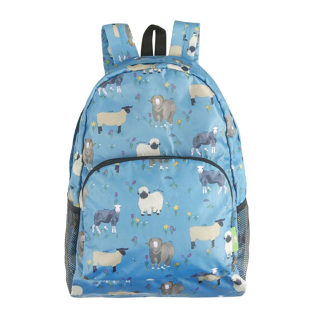 ECO CHIC Lightweight Foldable Water Resistant Backpack Rucksack Folds into Pouch for Storage (Sheep Realism Blue)