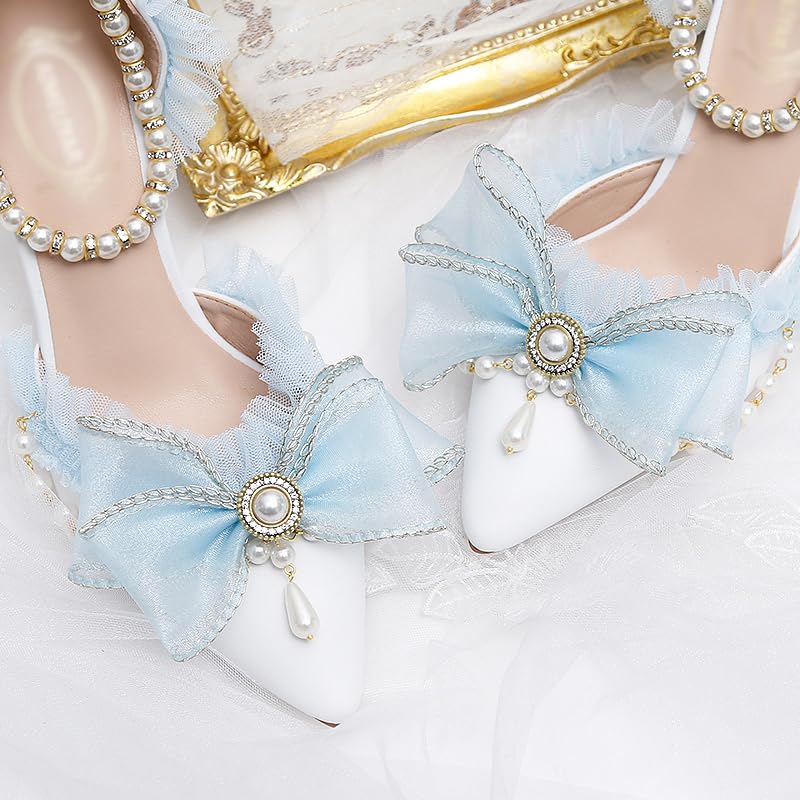 Light Blue Chiffon Bow Pointed Retro Lolita Princess Women's Shoes Pearl one-Word Strap Hollow high Heels3