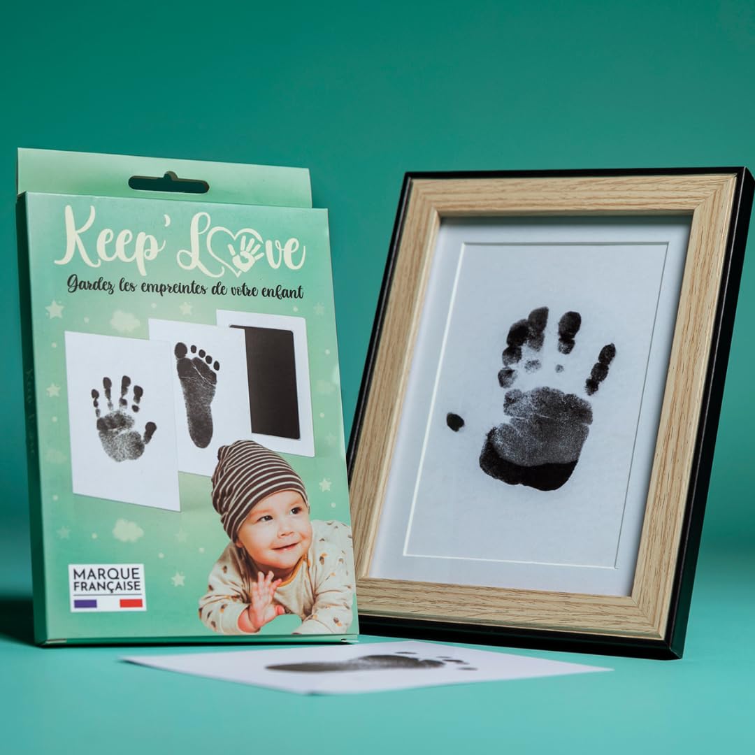 Keep'Love – Pack de marco de huellas para bebés, kit de huellas y manos, recuerdo regalo de nacimiento, decoración original para habitación de bebé, marco de fotos de madera, contorno negro FSC