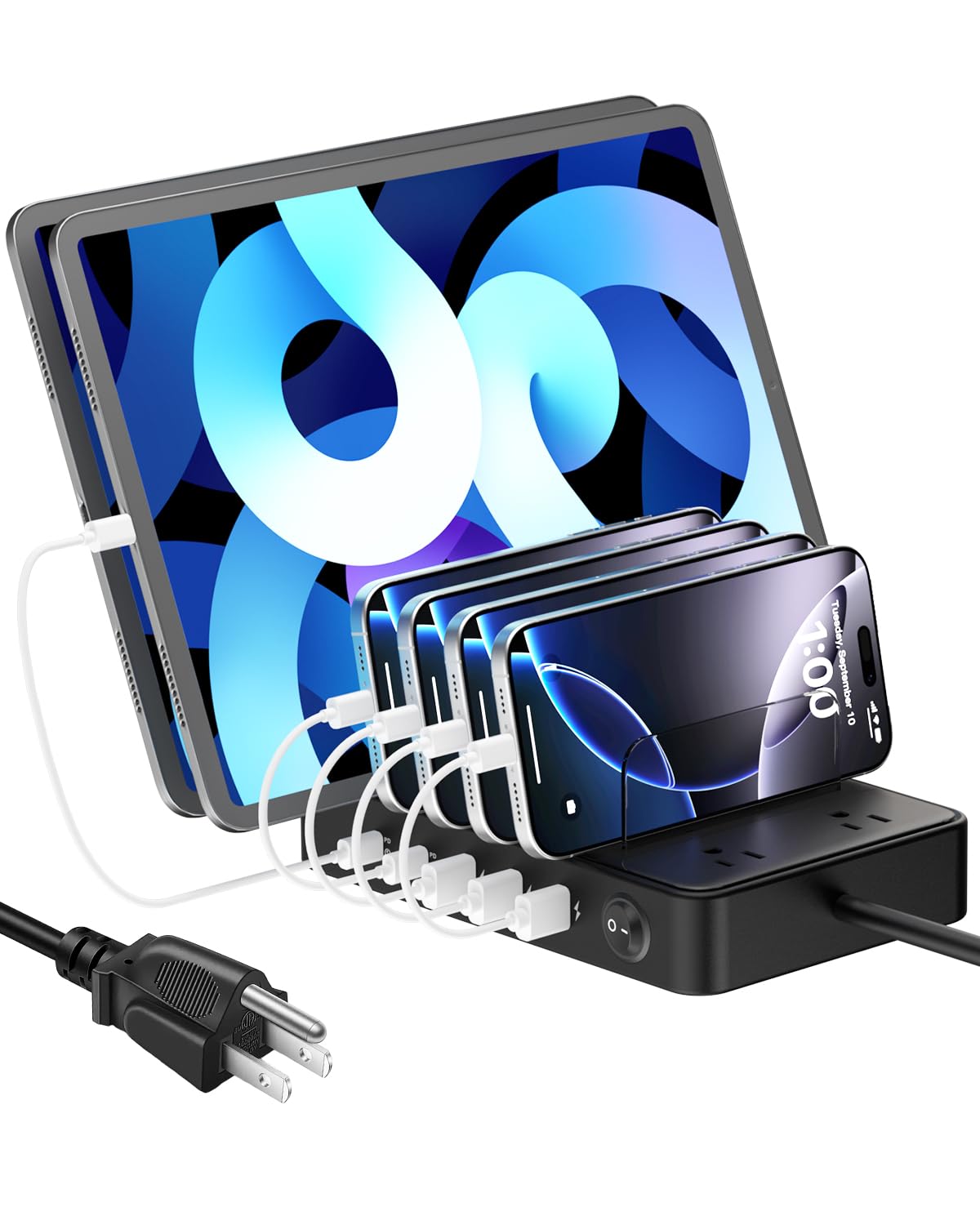 85W Charging Station for Multiple Devices,7 Port USB Charger Stations with 2 AC, 2 USB C, 3 USB A,Family Multi-Device Organizer Charging Dock -Designed for iPhone iPad Android Cell Phone Tablet,Black