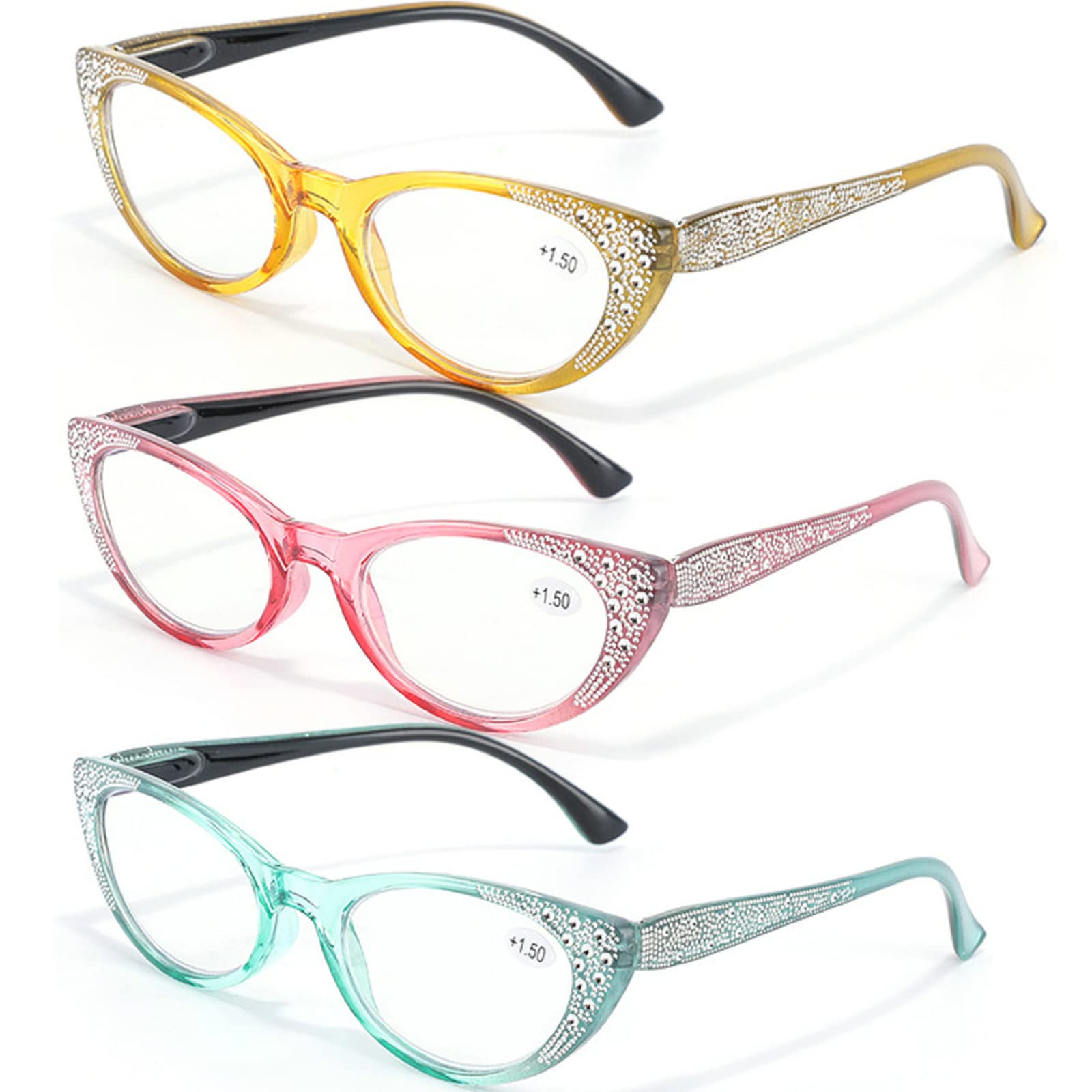 mincl 3pcs Cat Eye Bling Reading glasses Shiny Rhinestone reader Vintage Style Ladies Blue light blocking Reader