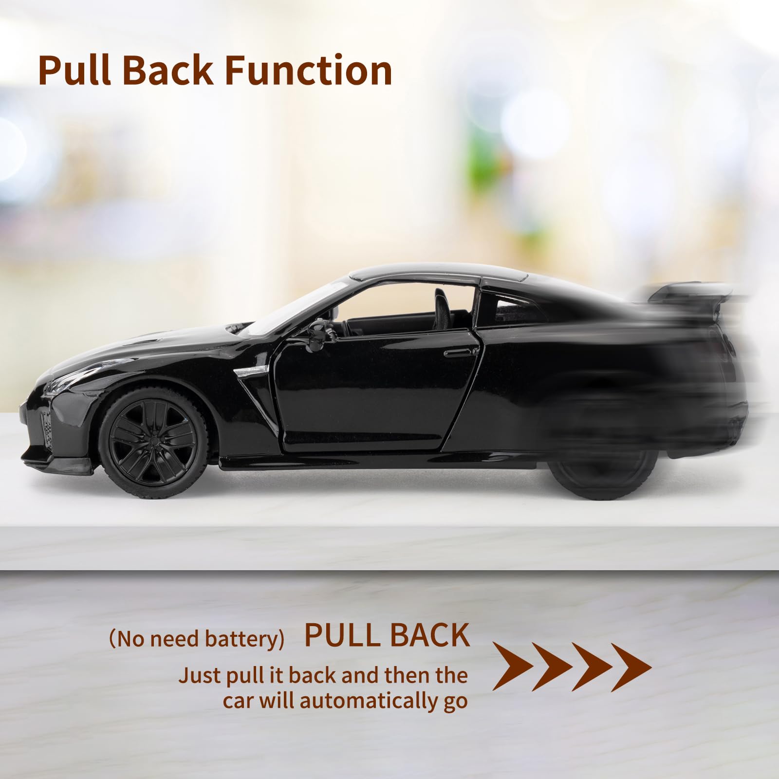Nissan GTR R35 Spielzeugauto 1:36 – Zinklegierung, Pull-Back Funktion, öffenbare Türen, Für Kinder & Sammler