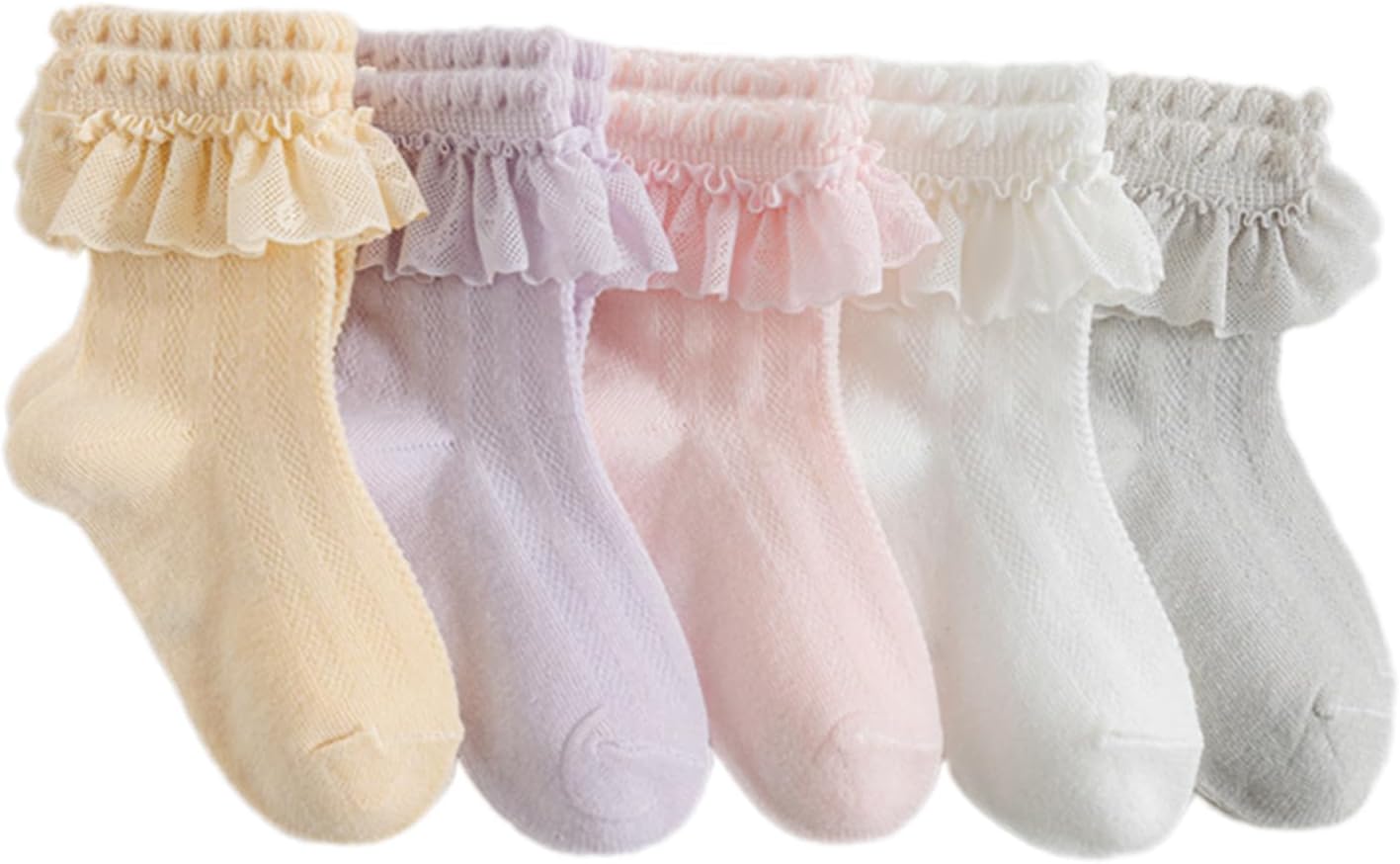 Ankle Socks, Pack of 5 Pairs Girls Short Socks with Large Ruffle Trim for Spring 3-12T Kids Ankle Sock Comfortable