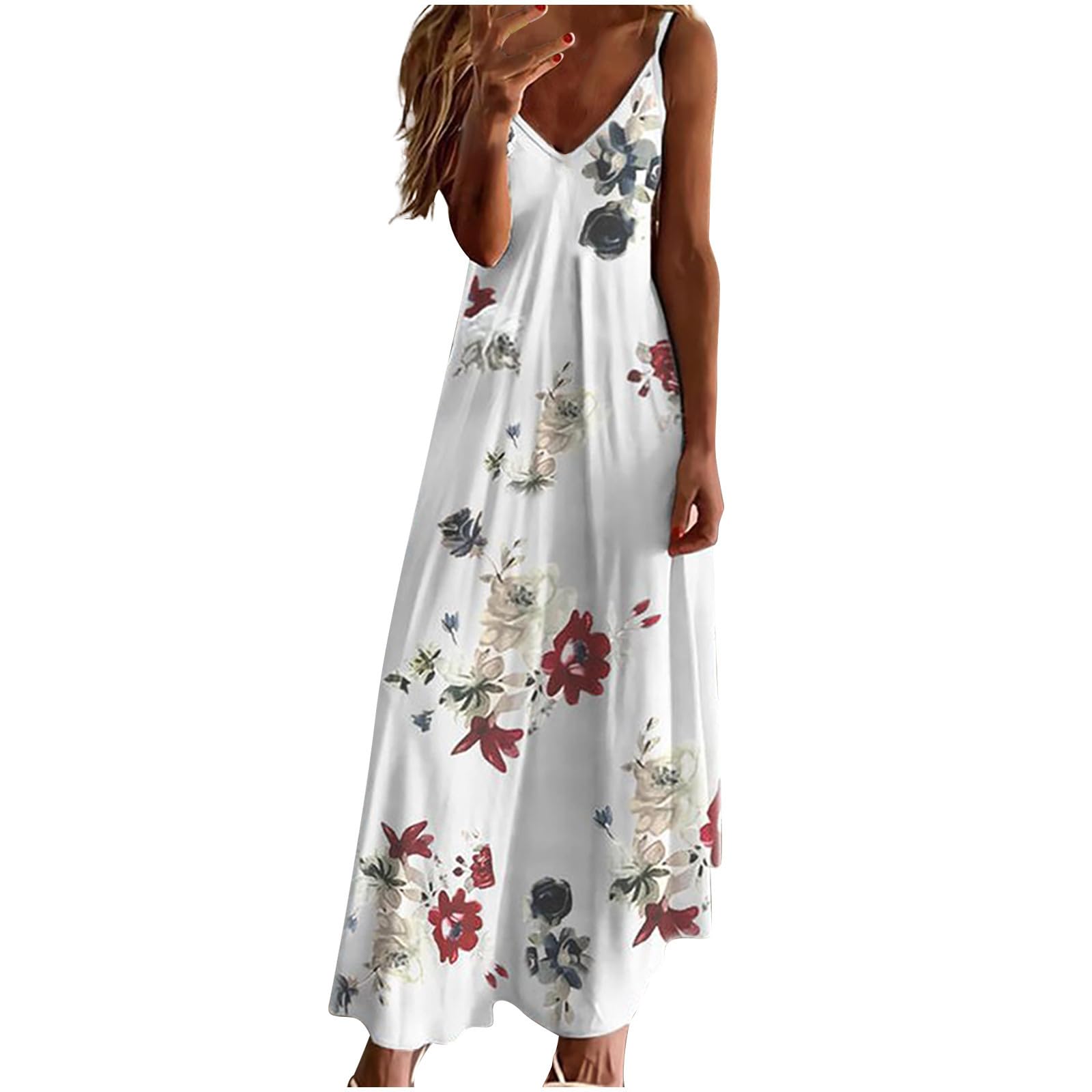 Ceboyel Women's Red #16 Floral Spaghetti Strap Sundress Casual Summer Long Maxi Dress Vneck Sexy Boho Dresses Trendy Beach Clothes 2024, Xl
