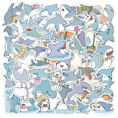 Kawaii Shark Stickers Pack -50 PCS Funny Blue Ocean Waterproof Vinyl Decal Stickers for Water Bottles Laptop Luggage Tumbler Skateboard Guitar Journal Scrapbook(Colourful-E2)