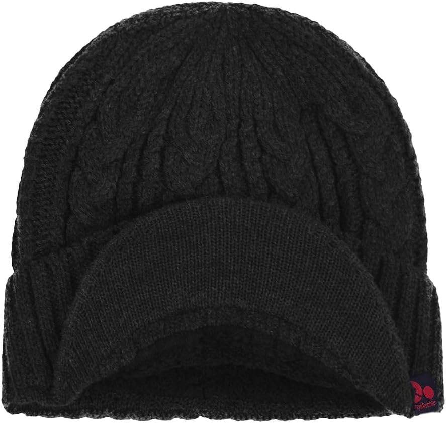 Original One Men Sports Winter Cable Knit Visor Brim Beanie Hat with Bill Fleece Lined Baseball Cap (Black) - Image 5