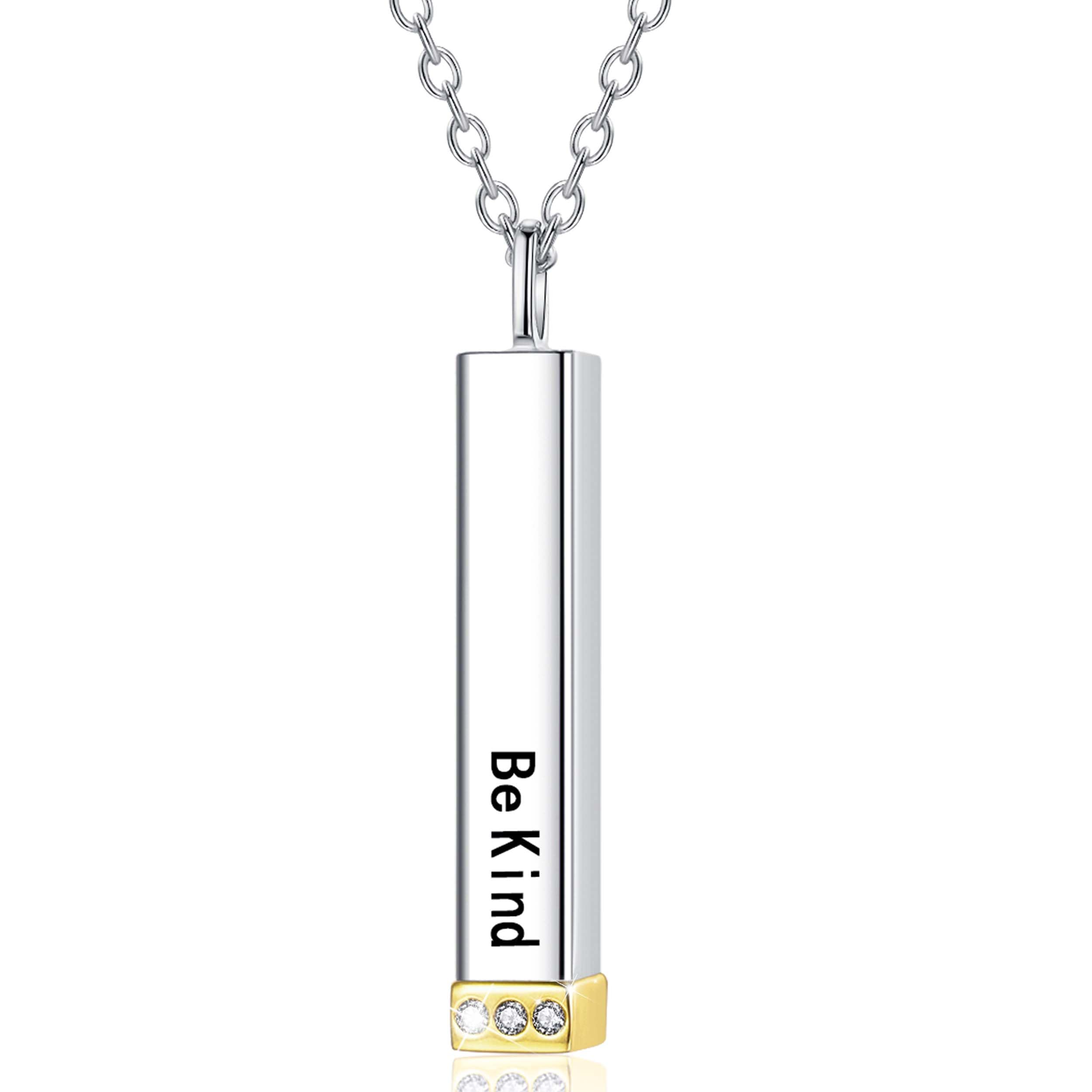SOLOLIKE Be Kind of A B Necklace for Women: 925 Sterling Silver Hidden Message Necklace-Rose Gold/14k Gold/Silver 3D Vertical Bar Pendant Best Friends
