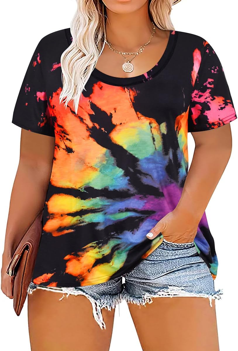 CARCOS Plus Size Tops for Women Short Sleeve Shirt Summer Star/Leopard/Tie Dye/Flower Crewneck Pullover Tunic XL-5XL
