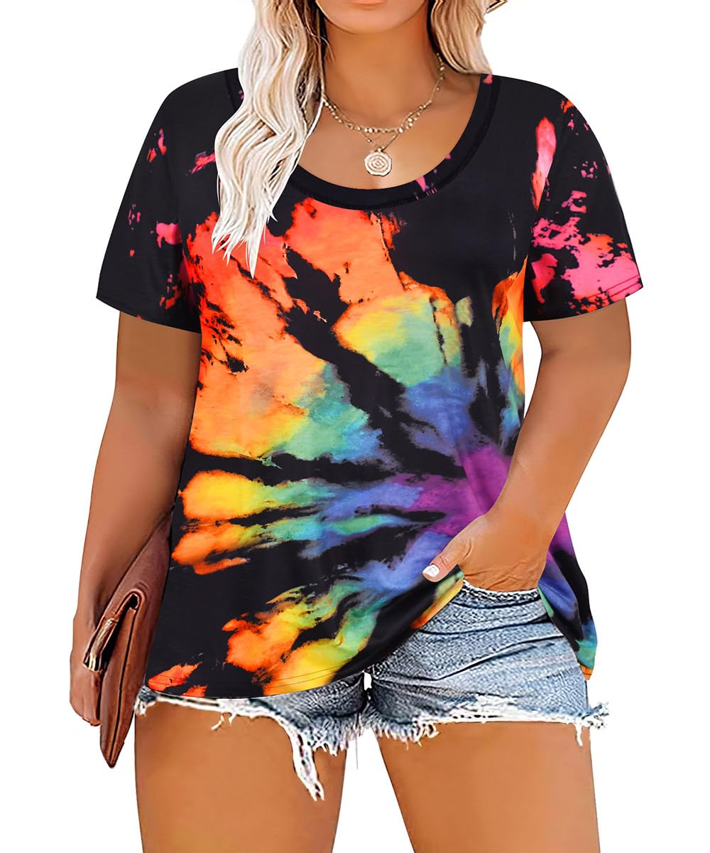 CARCOS Plus Size Tops for Women Short Sleeve Shirt Summer Star/Leopard/Tie Dye/Flower Crewneck Pullover Tunic XL-5XL