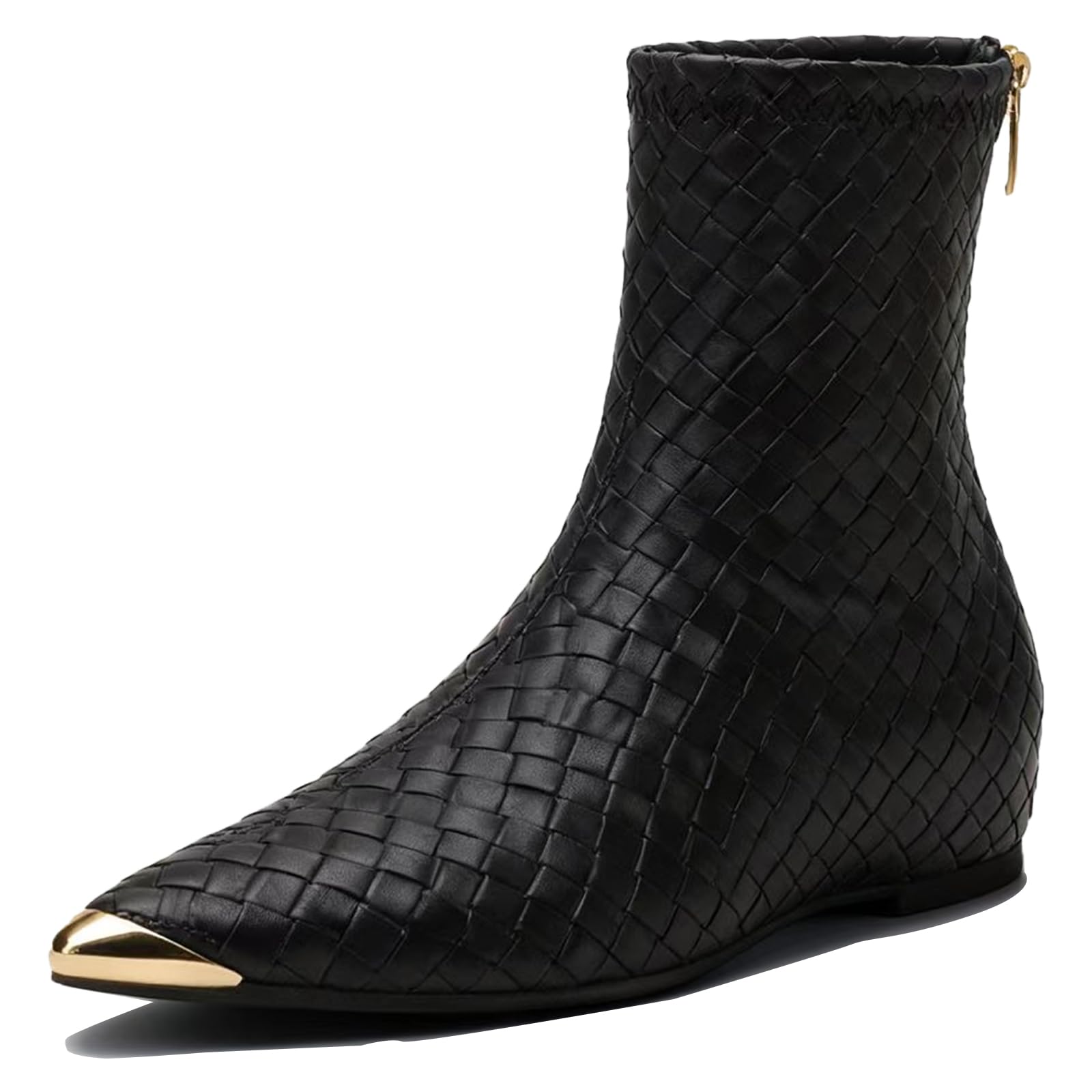Womens Leather Woven Internal Height Increase Flat Ankle Boots with Back Zipper Fashion Pointed Toe Height Increase Insole