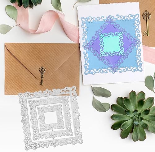 Miniatura 4 de 3 troqueles de corte de marco cuadrado de esqueleto, 9 piezas de troqueles de encaje de esquina de metal, flores, mariposas, plantilla en relieve