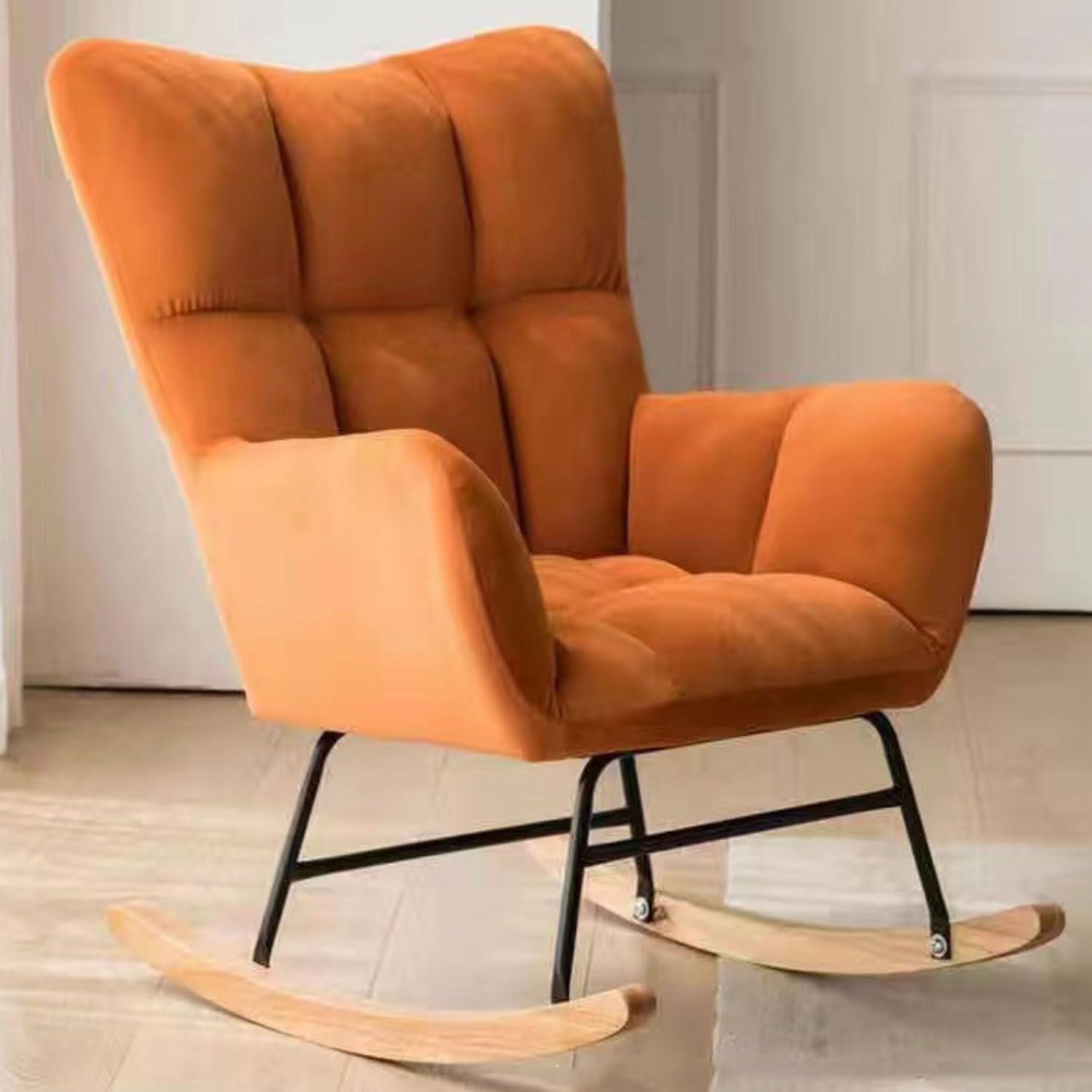 Poltrona a Dondolo Rocking Chair Sedia a Dondolo in Velluto Teddy con Gambe in Legno massello Sedia Papasan Sedia da Allattamento per Soggiorno Camera da Letto Balcone (Beige)