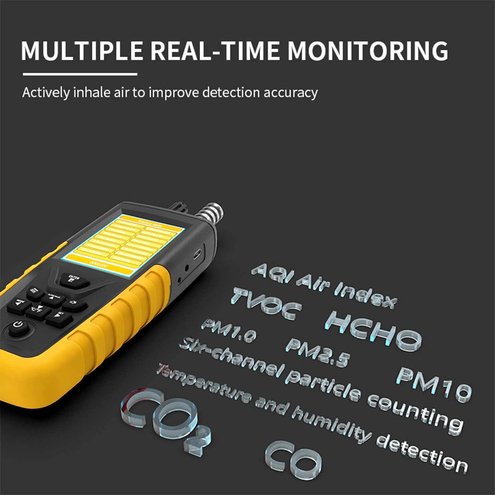 Luftqualitätsmonitor, Tester, Staubpartikelzähler, CO2, VOC, Formaldehyd, Luftqualitätsmessgerät, PM1,0, PM2,5, PM10, Temperatur, Luftfeuchtigkeit, 2200 MAh, Batterie für