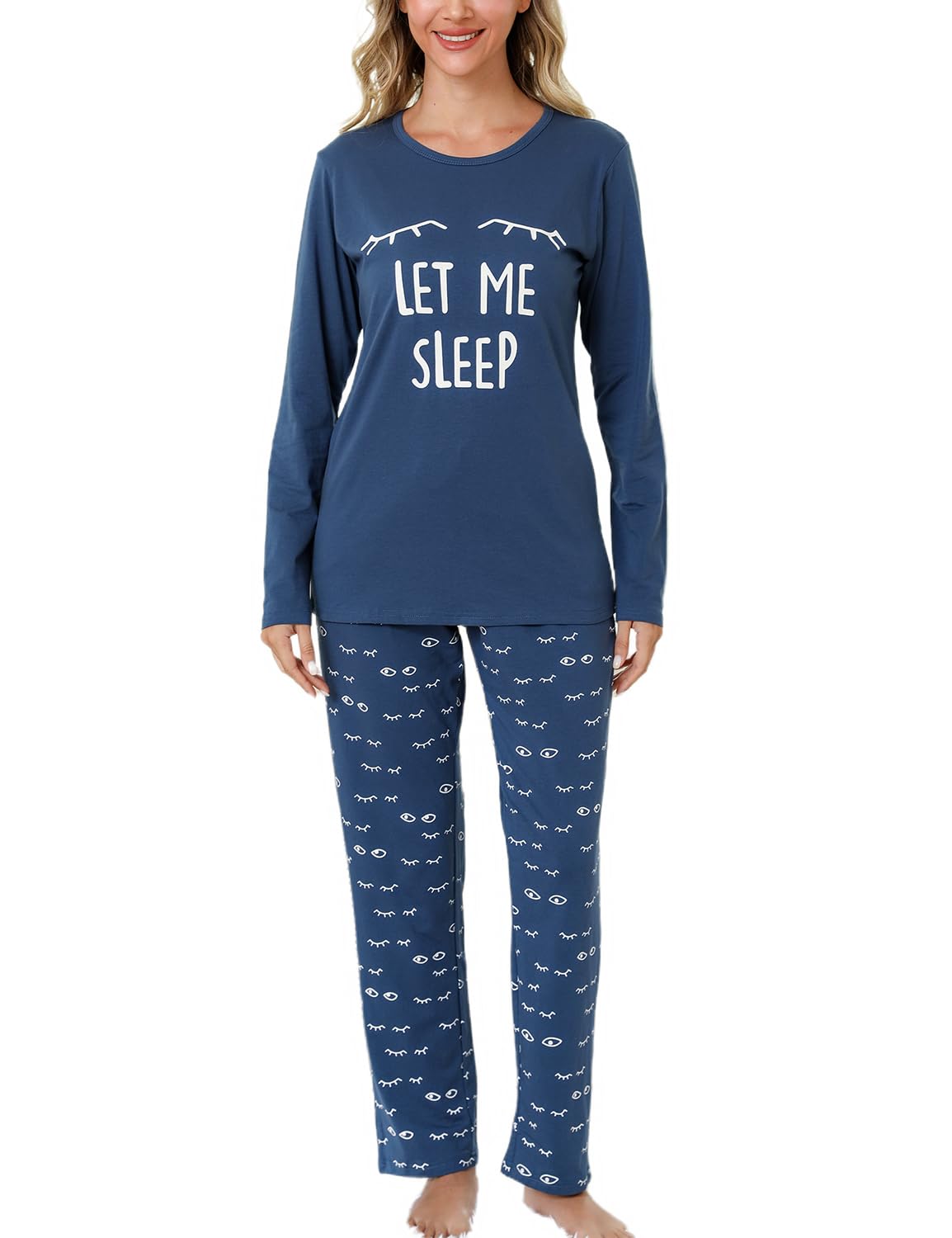 EISHOPEERWomen's Soft Long Sleeve Pajamas Set Cute Print Top and Pants Pjs Lounge Sleepwear Sets with Pocket, Blue, Large