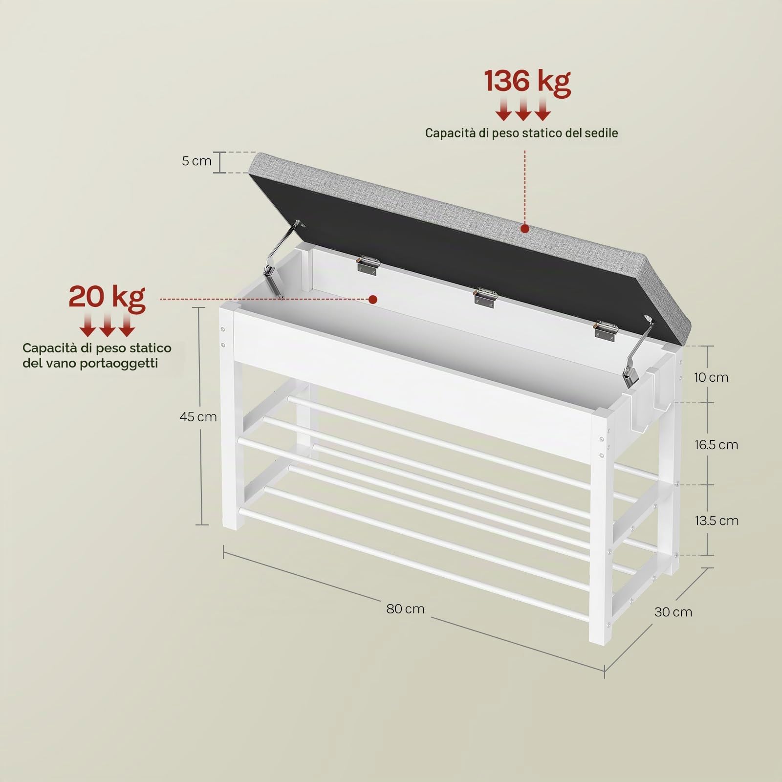 WOLTU Panca Scarpiera con Scomparto Nascosto, 2 Ripiani e 2 Ganci, Portascarpe con Seduta Imbottita, Struttura in Metallo, per Ingresso e Camera da Letto, 80x30x50 cm, Bianco+Grigio Chiaro