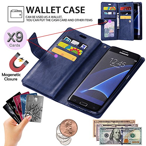 Auker Galaxy S7 Wallet Case For Women/Men, Trifold 9 Card Holder Premium Folio Flip Leather Magnetic Wallet Case With Strap Full Body Protective Zipper Pocket Purse Case For Samsung Galaxy S7 Navy #TOP2