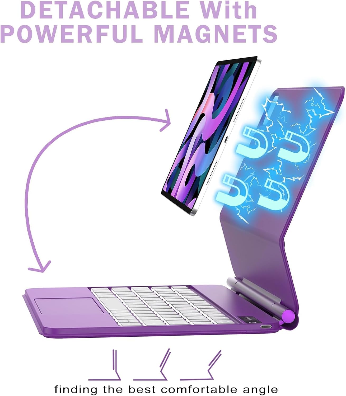 Diagram showing how to magnetically attach and detach the iPad from the keyboard case.