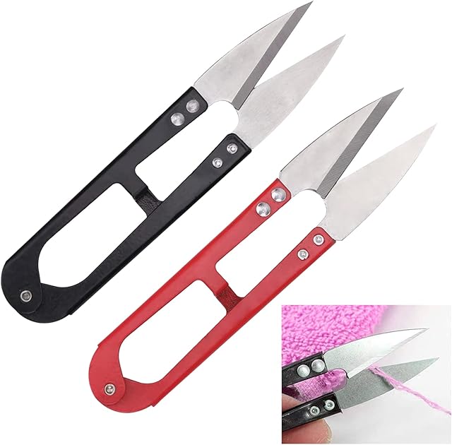 2 Pcs U-Shaped Sewing Scissors, Metal Mini DIY Trimmer, Plant Leaf Trimming Scissors, Flower Bonsai Clippers, Yarn Thread Nippers, Craft Clipper for Indoor, Outdoor, Stitch, Household (red, Black)