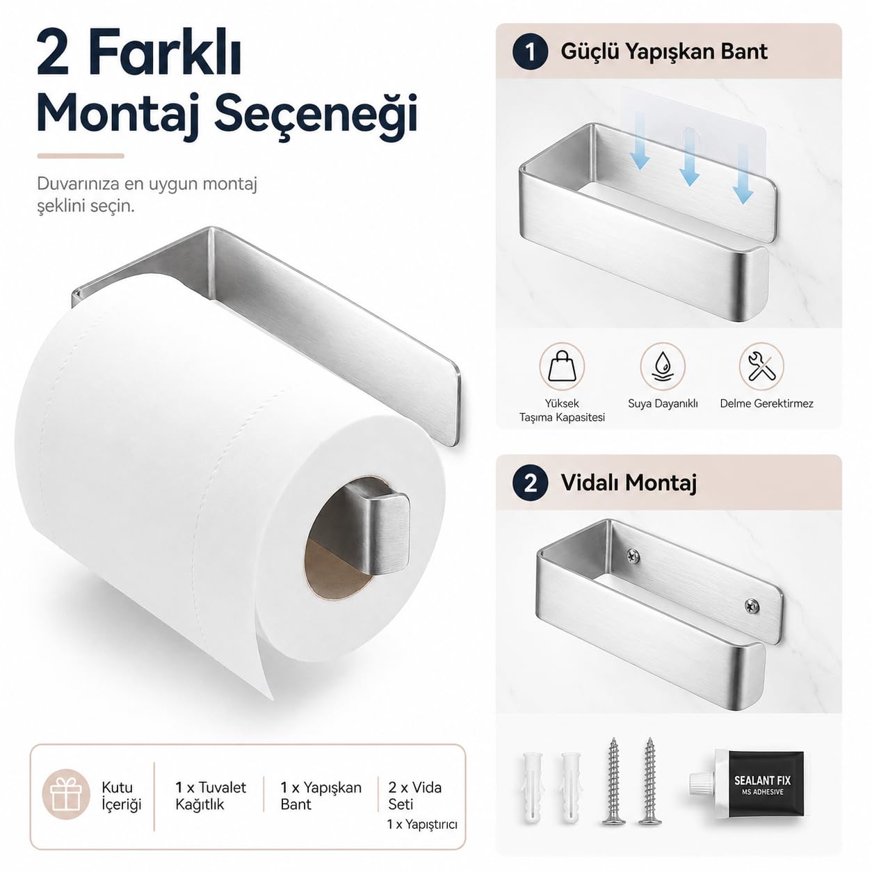 Alper Banyo Paslanmaz Çelik Lamalı Tuvalet Kağıtlığı, Krom Renk WC Kağıt Askılığı, Hem Yapışkanlı Hem Vidalı Montajlı, Açık Uç Tasarımlı Banyo Kağıtlık, 5 Yıl Garantili