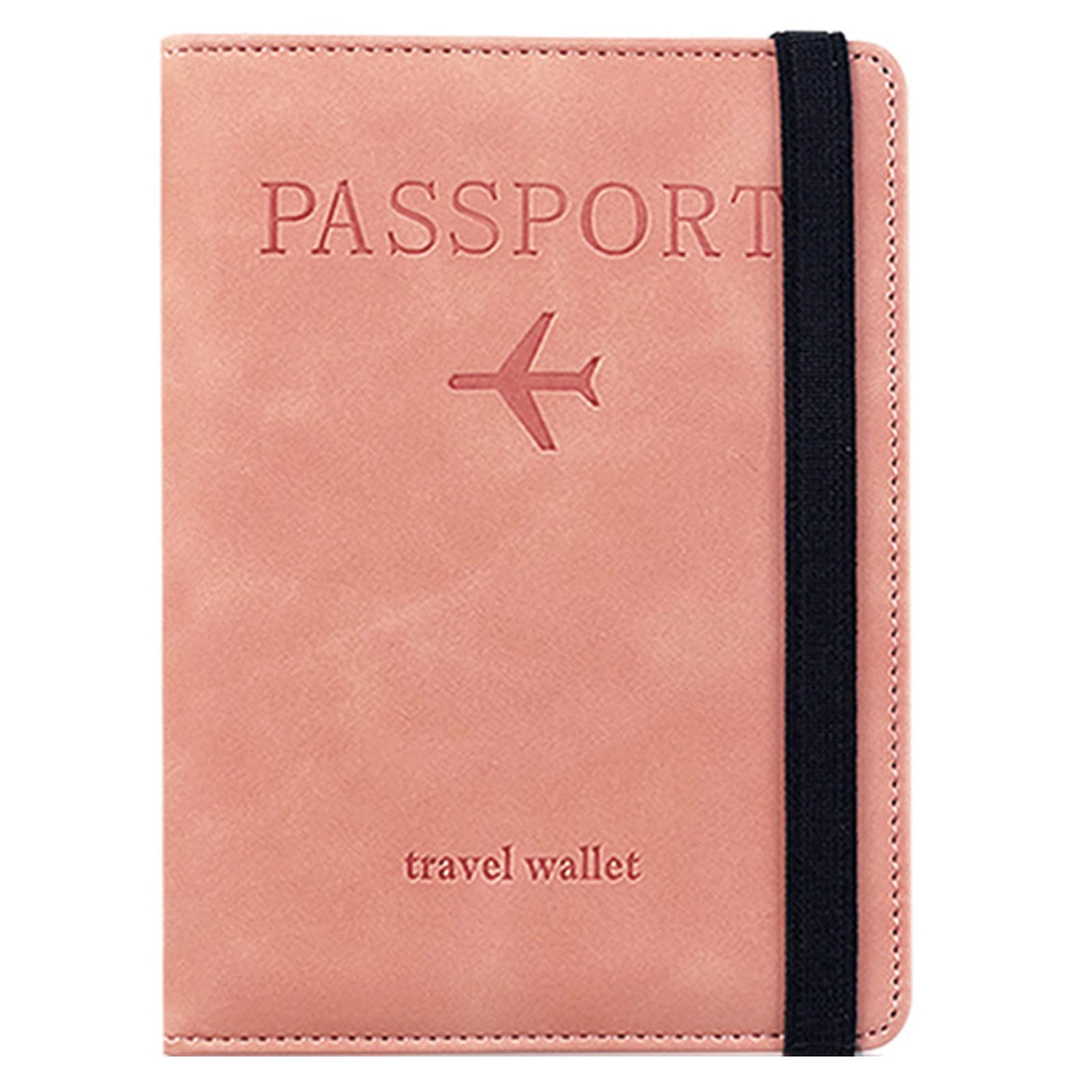 Passport Travel Holder Cover Case with Elastic Strap, PU Leather RFID Blocking Document Organizer Protector,for Credit & ID Cards, Boarding Passes (Pink)