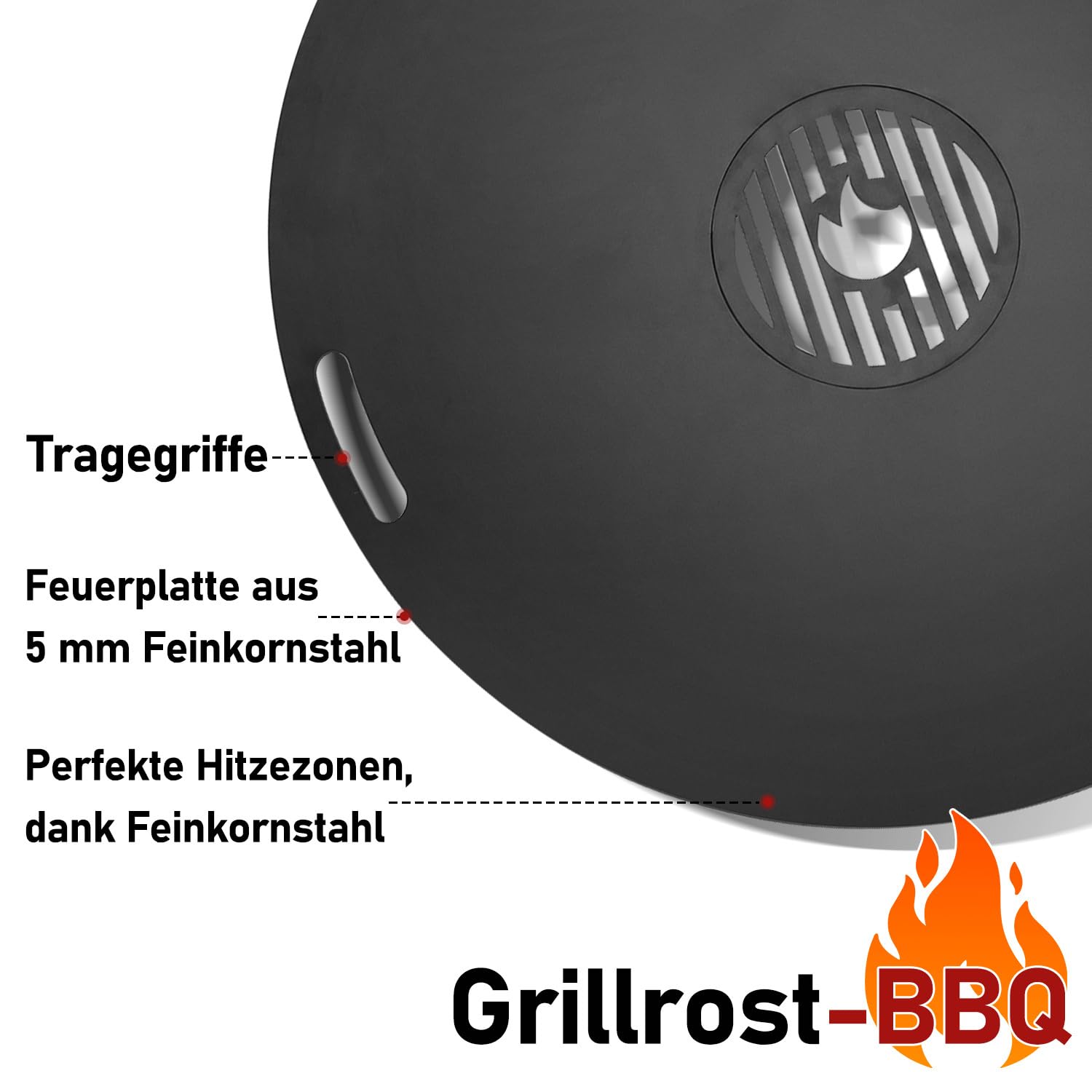 Feuerplatte 80 cm aus Carbonstahl, 5 mm stark, mit herausnehmbarem Grilleinsatz und Hitzeschutzhandschuh, für Feuertonne, Feuerschale und Feuerstelle