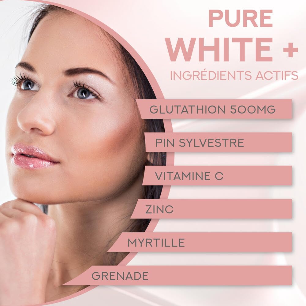 PURE WHITE + GLUTATHION 500mg - Complément Alimentaire Antioxydant Ultra-Concentré - Peau Eclatante, Contre le Stress Oxydatif - Programme 30J - Saveur Myrtille - Faible en Sucres - Eric Favre