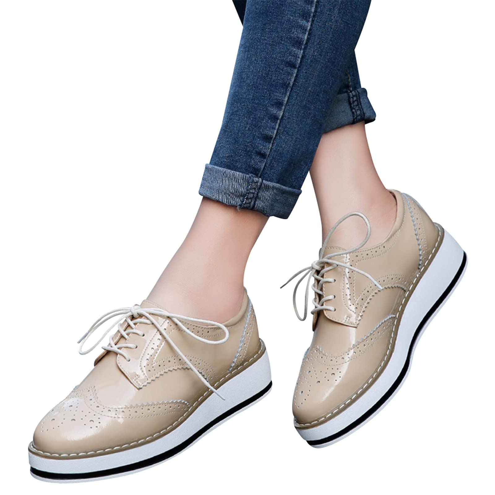 ANUFER Donna Allacciare Brogues Scarpe da Allenamento Casuale Piattaforma Creepers