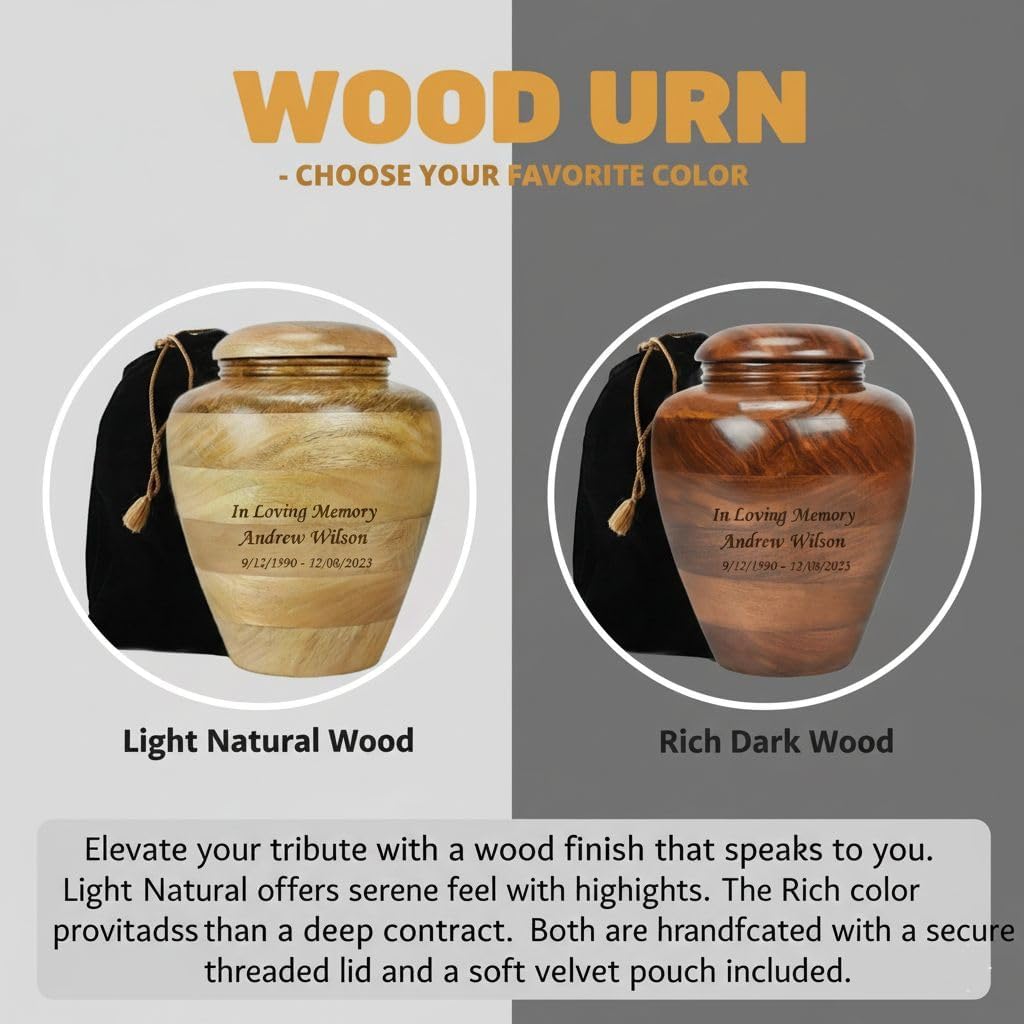 Personalized Round Cremation Urn for Human Ashes | Custom Engraved Wooden Memorial Urn | Handcrafted Funeral Keepsake Urn (Brown)