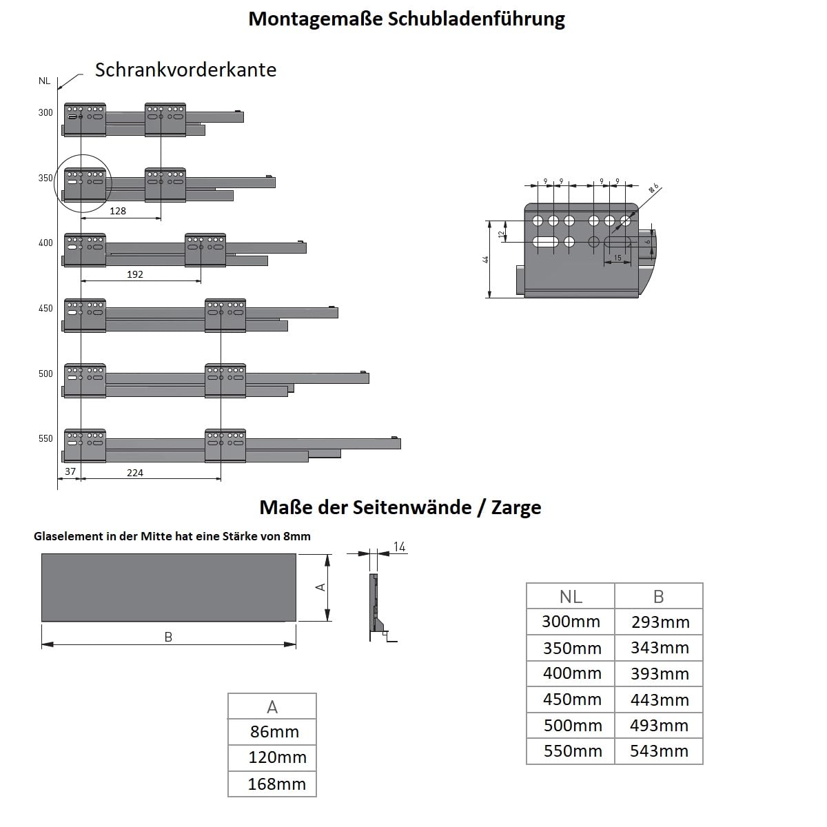 MS Beschläge Vollauszug Soft-Close Schubladensystem Weiß Schubkastensystem Milchglas Glaszargen Schubladenauszug 40kg Traglast (Länge: 400mm, Höhe: 86mm)