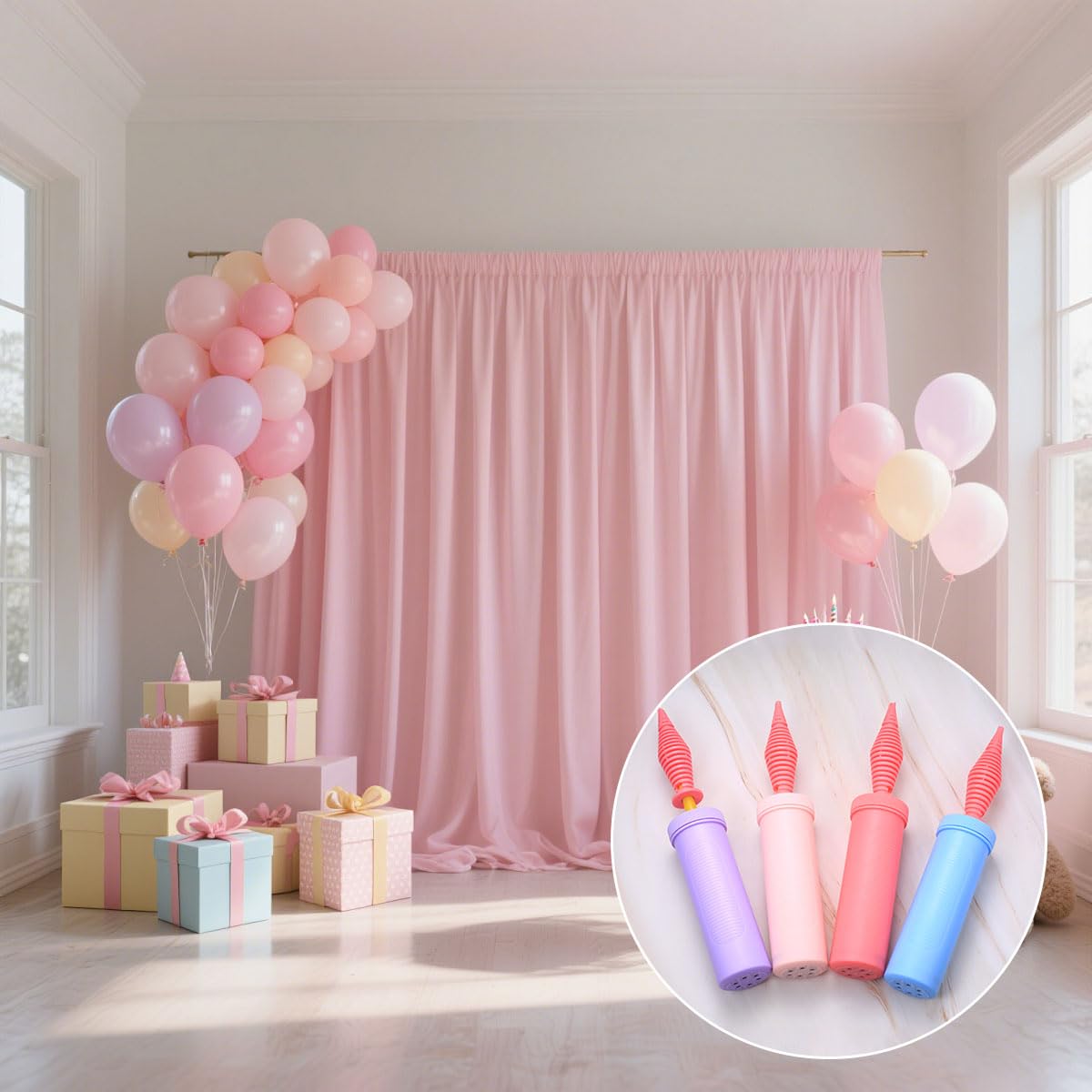 4 PcsPompe à Ballon à Main, Pompe a Ballon Gonflable, Pompe à Air pour Ballons Mariage Birthday Decoration Anniversaire, avec 4 Aides au Nœud de Ballons et 4 Rouleaux Pastilles Adhésives