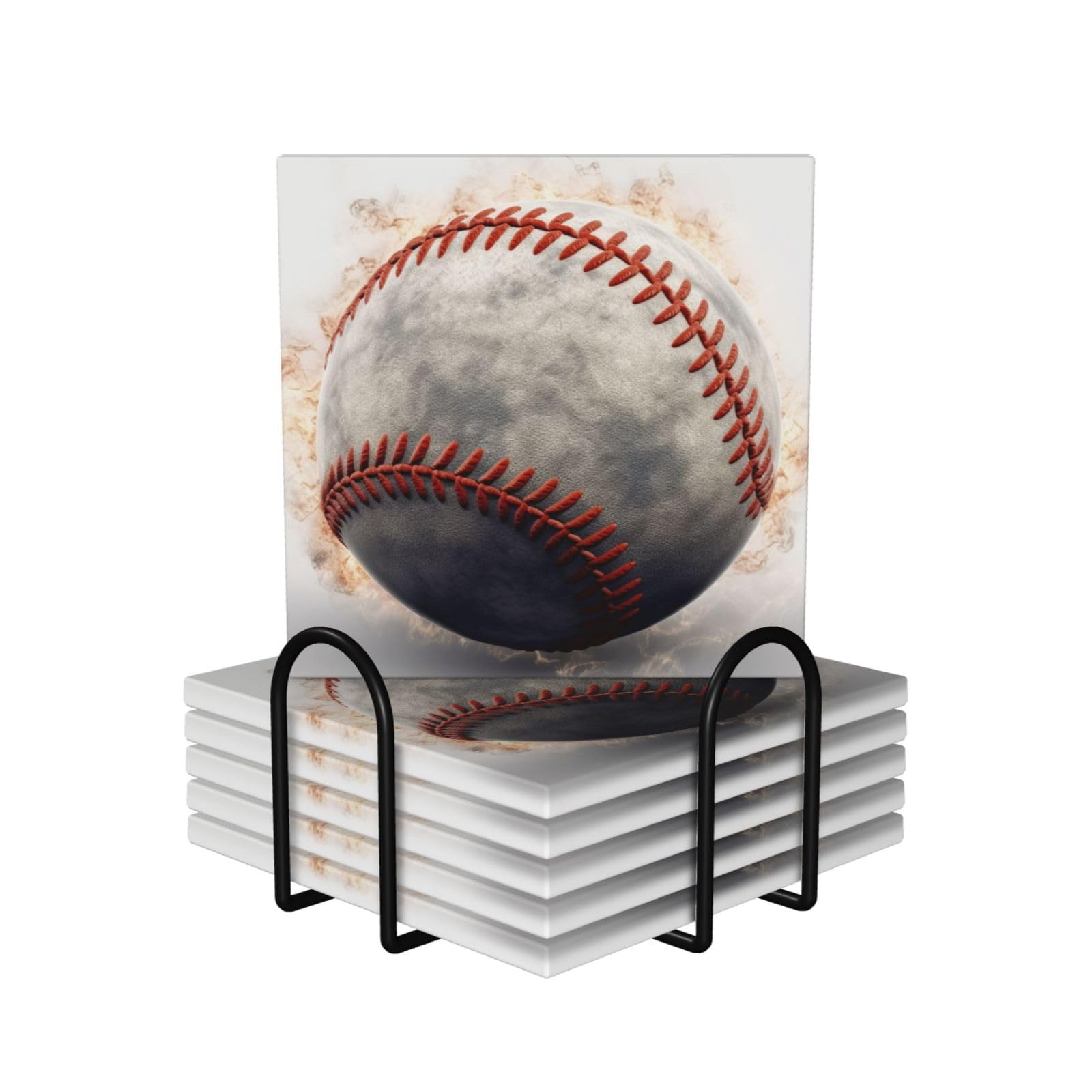 6Pcs Ceramics Coaster for Drinks, Baseball Cup Coasters with Holder, Aesthetic Drink Coasters for Coffee Table, Absorbent Round Coaster for Tabletop Protection 4" Cup Mat Pad